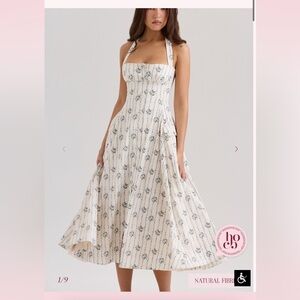 House of CB Cream Strapless Floral Midi Dress with Blue Print